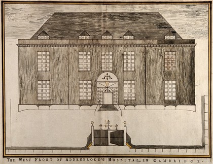 Addenbrooke's Hospital, Cambridge: west side, showing the gates to Trumpington Street. Pen drawing.