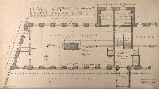 Lister ward, Royal Infirmary, Glasgow: ground floor plan. Reproduction of a drawing by Wright and Wylie, 1925.