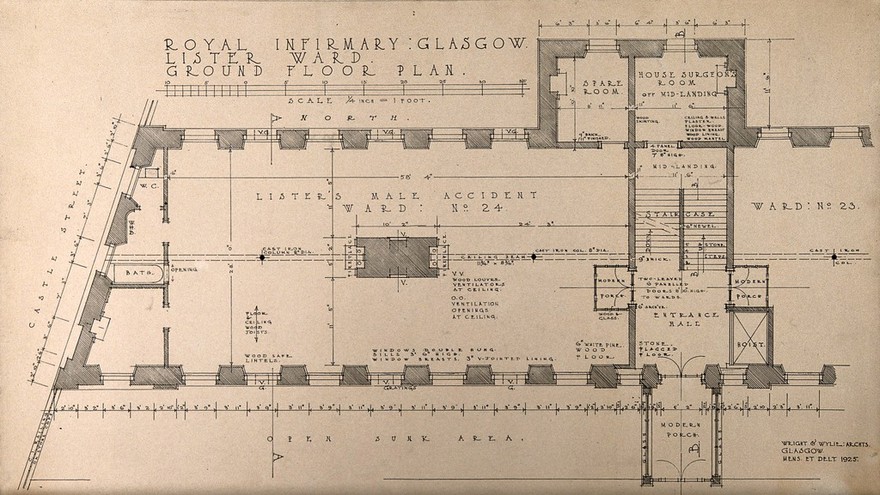 Lister ward, Royal Infirmary, Glasgow: ground floor plan. Reproduction of a drawing by Wright and Wylie, 1925.