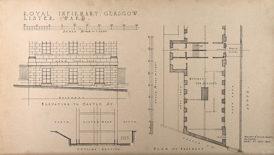 Lister ward, Royal Infirmary, Glasgow: elevation and plan of basement. Reproduction of a drawing by Wright and Wylie, 1925.