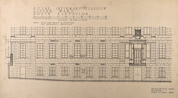 Lister ward, Royal Infirmary, Glasgow: south facade. Reproduction of a drawing by Wright and Wylie, 1925.