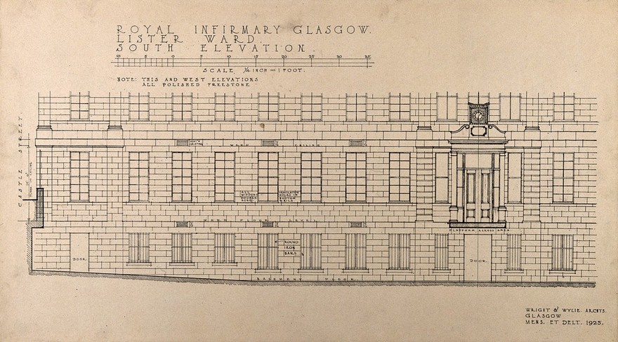 Lister ward, Royal Infirmary, Glasgow: south facade. Reproduction of a drawing by Wright and Wylie, 1925.
