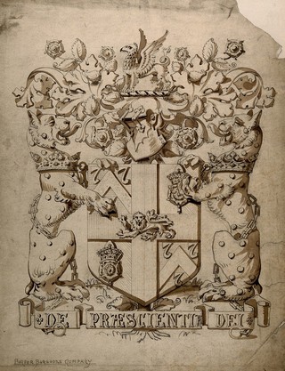 Achievement of arms of the London Barber Surgeons Company. Coloured pencil drawing.