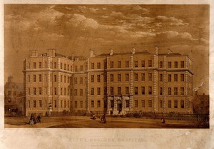 view King's College Hospital, Camberwell, London: entrance. Coloured lithograph by T. Picken.