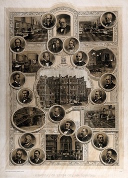 Buildings and surgeons and physicians of King's College Hospital, London. Coloured lithograph by Beynon & Company after H. Hale.