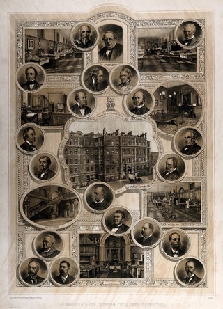 Buildings and surgeons and physicians of King's College Hospital, London. Coloured lithograph by Beynon & Company after H. Hale.