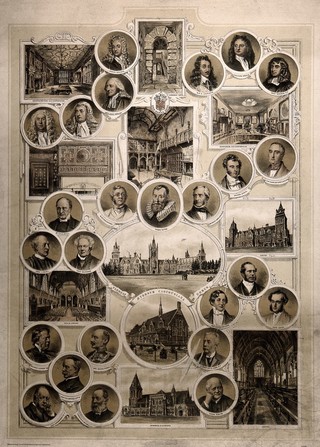 Buildings and alumni of Charterhouse, London and Surrey. Colour lithograph by Beynon & Company after [H. Hale].