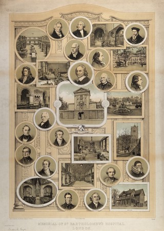 Surgeons and physicians of St Bartholomew's Hospital, London, with views of the building and adjacent churches. Colour lithograph by Beynon & Company after F. Hager.