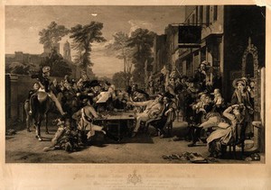 view Chelsea Pensioners hearing the news of the battle of Waterloo, outside the Duke of York public house. Engraving by J. Burnet, 1831, after D. Wilkie, 1822.