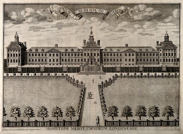 The Hospital of Bethlem [Bedlam] at Moorfields: the entrance facade. Engraving by A. Soly.