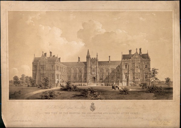 The Hospital for Consumption, Brompton Road, Fulham: viewed from the road. Lithograph by T. G. Dutton after F. J. Francis, 1844.