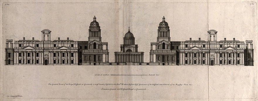 Royal Naval Hospital, Greenwich, the river front, with a scale of feet. Engraving by H. Hulsbergh after C. Campbell, 1715.