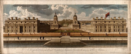 Royal Naval Hospital, Greenwich, the river front vista, with the Queens' House and Royal Observatory in the distance: many people walking about. Engraving by J. Newton after T. Lancey.