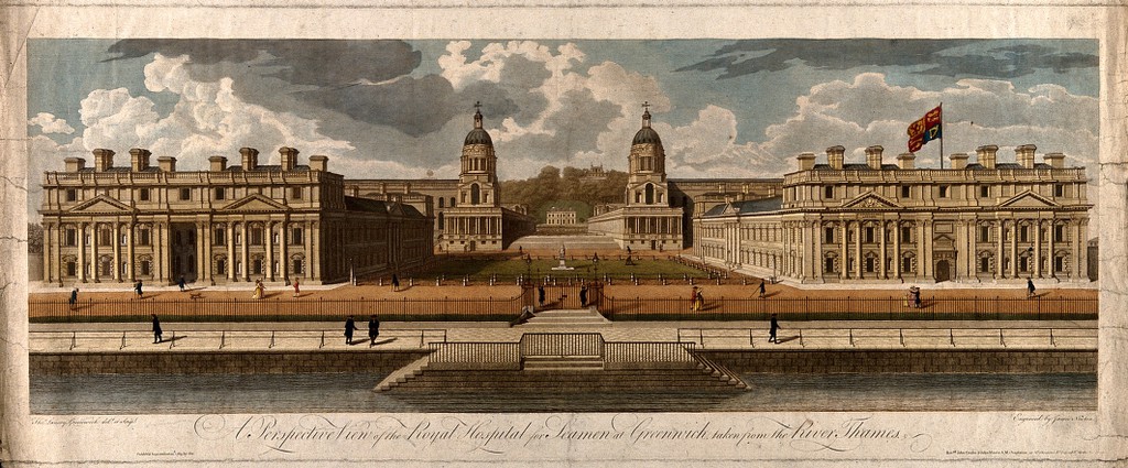 Royal Naval Hospital, Greenwich, the river front vista, with the Queens' House and Royal Observatory in the distance: many people walking about. Engraving by J. Newton after T. Lancey.