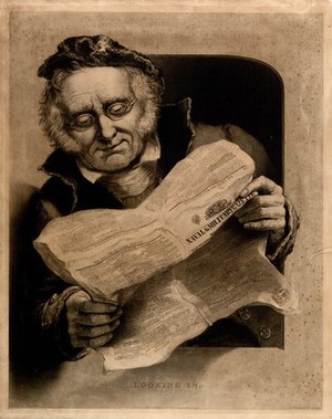 view A Greenwich Pensioner, seated, wearing red coat and tricorn hat, reading 'The Naval & Military gazette' No. 229. Engraving by W. O. Geller after H. P. ["Smuggler"] Parker, 1837.