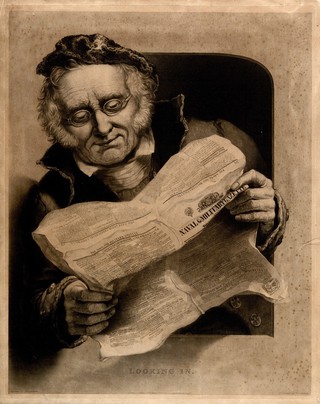 A Greenwich Pensioner, seated, wearing red coat and tricorn hat, reading 'The Naval & Military gazette' No. 229. Engraving by W. O. Geller after H. P. ["Smuggler"] Parker, 1837.