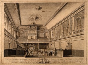 view Foundling Hospital, Holborn, London: interior of the chapel. Etching by John Sanders, 1774, after himself.