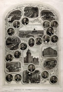 Buildings and alumni of University College Hospital, London. Colour lithograph by Beynon & Company.