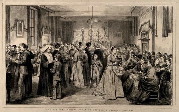 Christmas benefit at University College Hospital, London. Wood engraving after G. Durand, 1874.