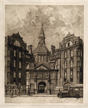 view University College Hospital, London: the entrance facade on Gower Street. Etching.