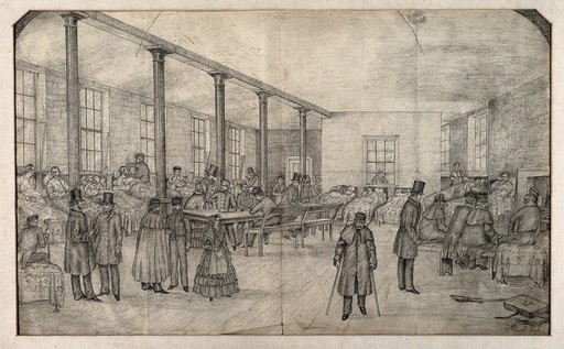 Hospital ward in Liverpool Workhouse; requisitioned for wounded soldiers. Pencil drawing.