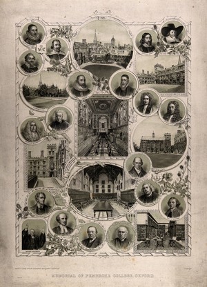 view Buildings and members of Pembroke College, Oxford. Lithograph by Beynon & Company.