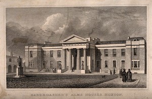 view Haberdasher's Almshouse (Aske's Hospital), Hoxton, London. Etching by J. Ralph.