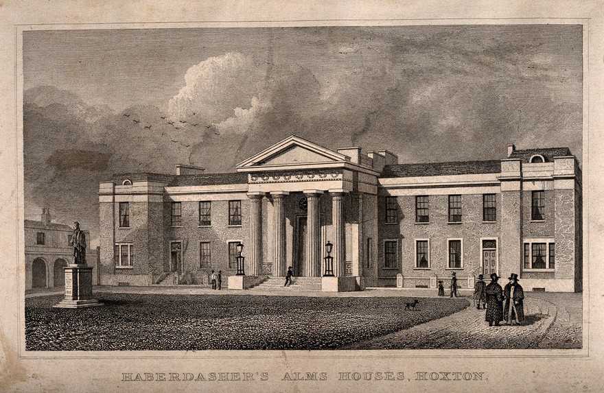 Haberdasher's Almshouse (Aske's Hospital), Hoxton, London. Etching by J. Ralph.
