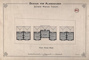 view Almshouse, Salisbury: first floor plan. Coloured drawing by W. Grellier.