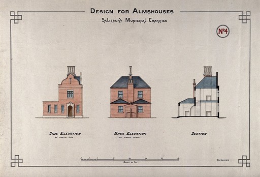 Almshouse, Salisbury: side and back elevations and section. Coloured pen drawing by Grellier.