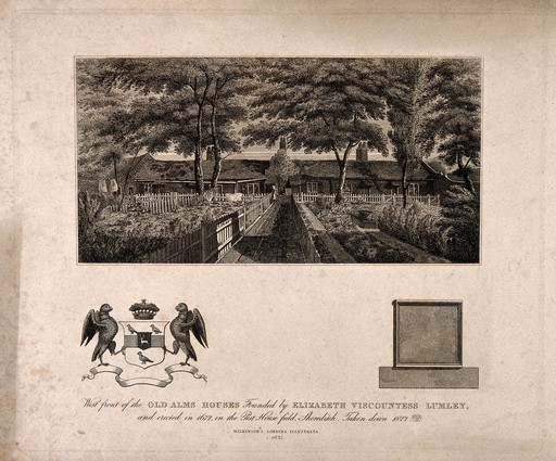 Former Almshouses, Shoreditch, London: west front. Etching, 1834.