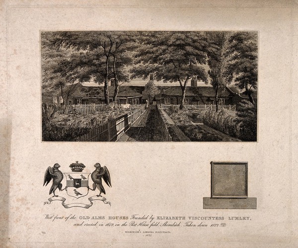 Former Almshouses, Shoreditch, London: west front. Etching, 1834.