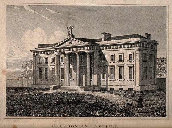 Royal Caledonian Asylum, London: perspective view. Etching.