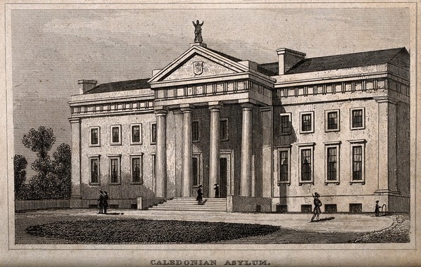 Royal Caledonian Asylum, London: perspective view. Etching.