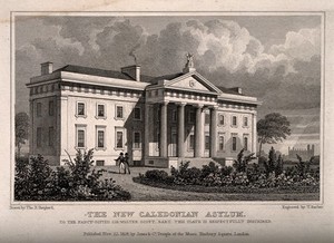 view Royal Caledonian Asylum, London: perspective view. Etching by T. Barber after T.H. Shepherd, 1828.