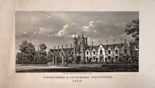 Fishmongers' and Poulterers' Institution, London. Etching by W. Francis, 1859, after himself.