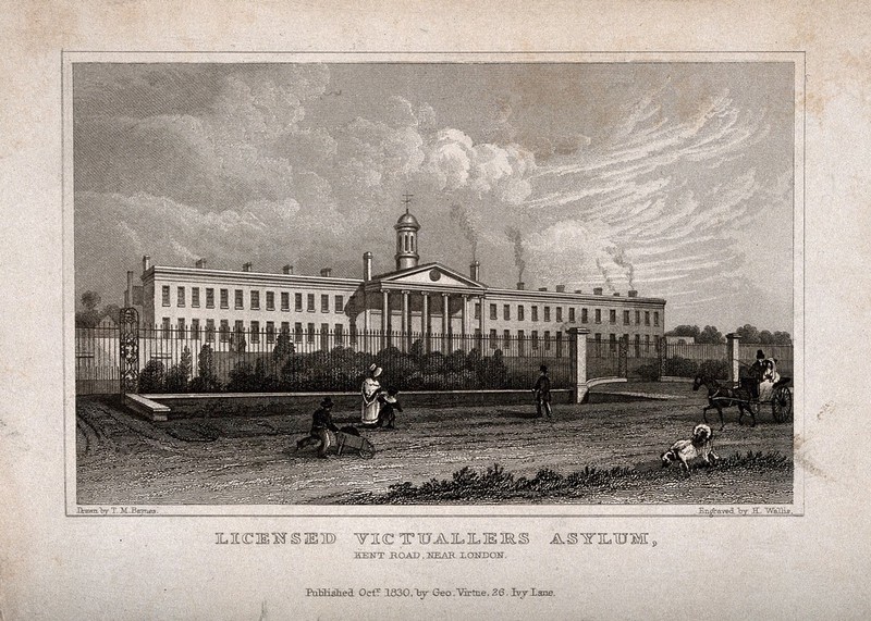 Licensed Victuallers' Asylum, Peckham. Engraving by H. Wallis, 1830, after T.M. Baynes., October 1830, by Thomas Mann Baynes
