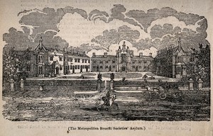 view The Metropolitan Benefit Societies' Asylum, Dalston, London. Wood engraving, c. 1850.