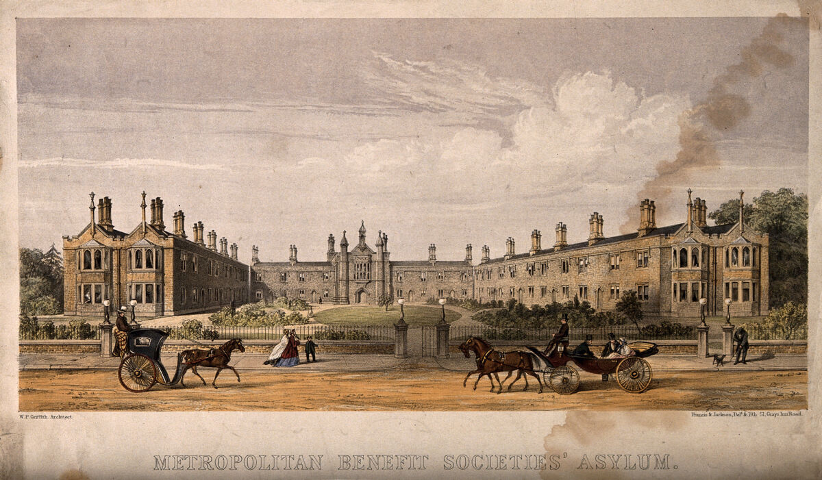 The Metropolitan Benefit Societies' Asylum, Dalston, London. Coloured lithograph by Francis and Jackson., by William Pettit Griffith