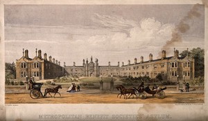 view The Metropolitan Benefit Societies' Asylum, Dalston, London. Coloured lithograph by Francis and Jackson.