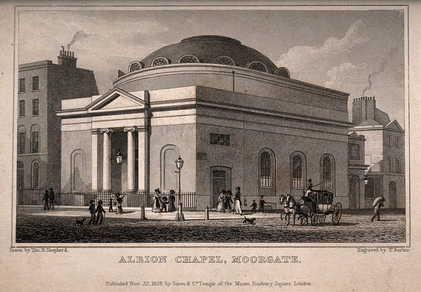 Albion Chapel, Moorgate, London: perspective view. Etching by T. Barber, 1828, after T.H. Shepherd.