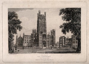 view Ely Cathedral, Cambridgeshire: west front. Etching by R.W. Smart after R.B. Harraden.