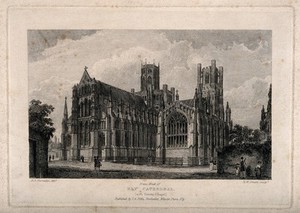 view Ely Cathedral, Cambridgeshire: east front. Etching by R.W. Smart after R.B. Harraden.