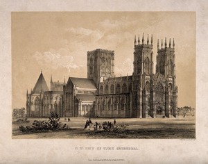 view York Minster: north-west view. Tinted lithograph by W. Monkhouse, 1848.