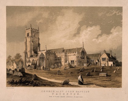 Church of St. John Baptist, Paignton: perspective view. Tinted lithograph by W. Spreat after M.A.C.B.