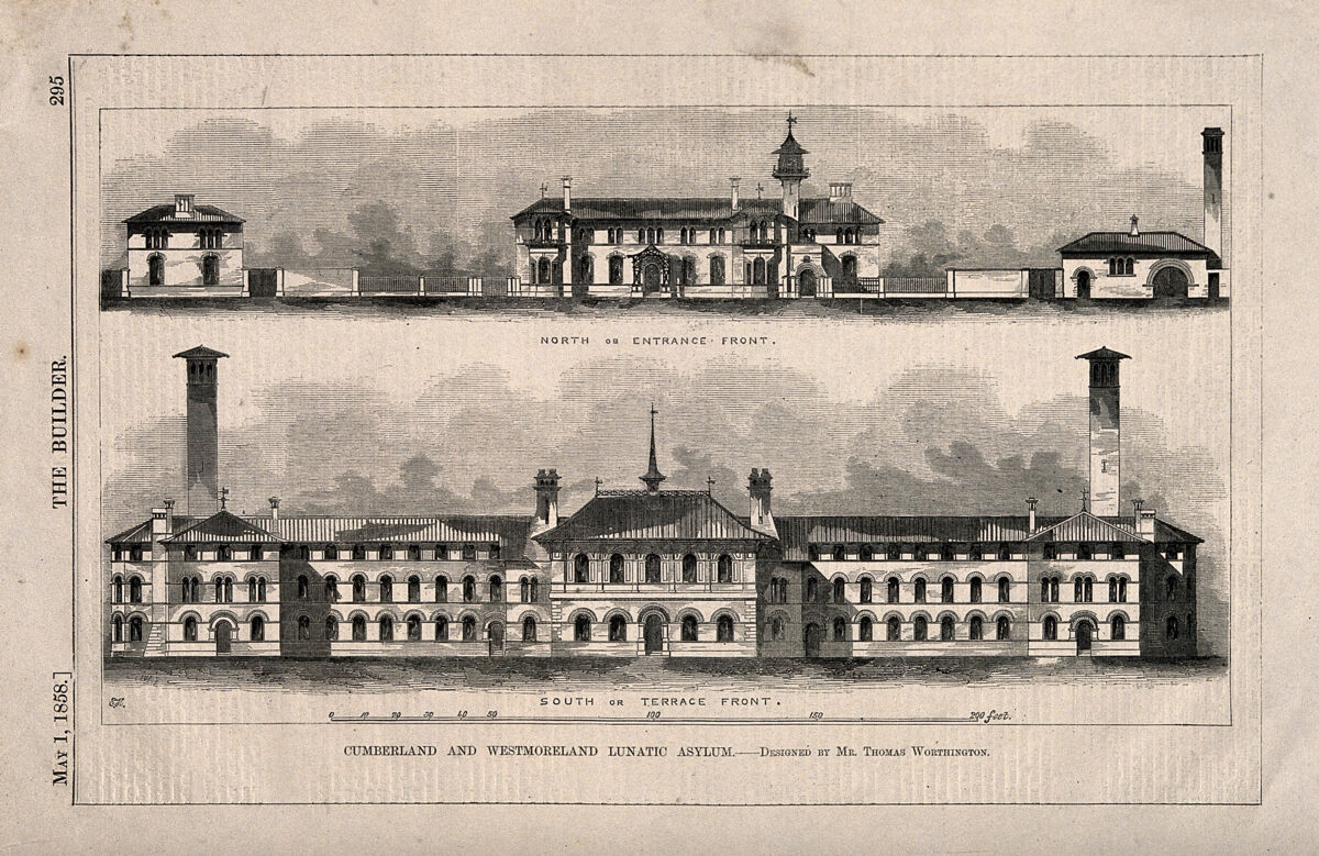 Cumberland and Westmoreland Lunatic Asylum, Garlands, Carlisle, Cumbria: north and south fronts. Wood engraving by E.H., 1858., 1 May 1858, by Thomas Worthington