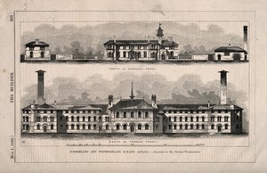 view Cumberland and Westmoreland Lunatic Asylum, Garlands, Carlisle, Cumbria: north and south fronts. Wood engraving by E.H., 1858.