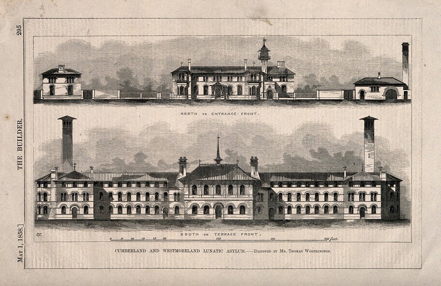 Cumberland and Westmoreland Lunatic Asylum, Garlands, Carlisle, Cumbria: north and south fronts. Wood engraving by E.H., 1858.