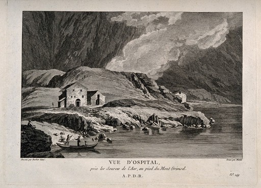 Small hospital on the river Aar. Etching by Michel after Barbier the elder.