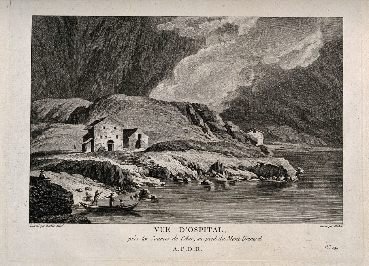 Grimsel hospice at Ospital on the Grimselsee, near the source of the river Aar. Etching by Michel after J.J.F. Le Barbier., 1784, by Jean-Jacques-François Le Barbier
